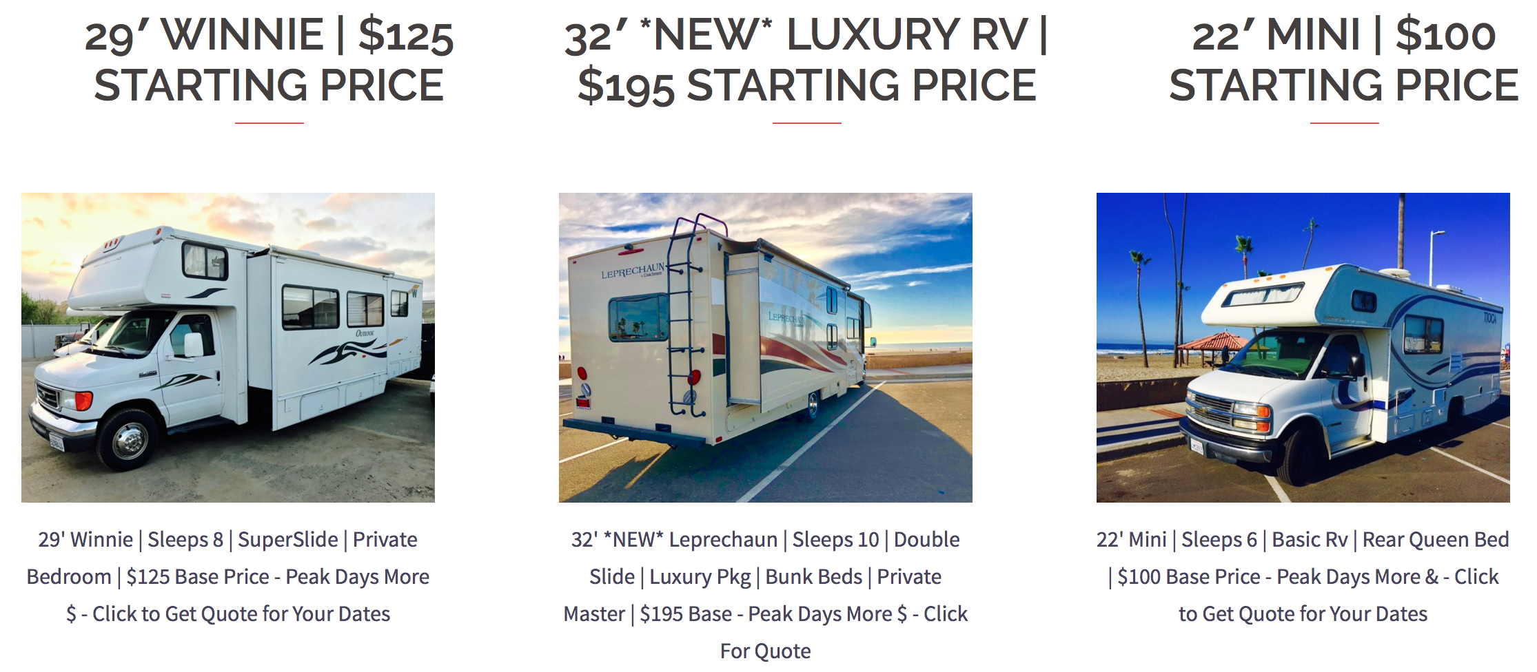 Three images of motorhomes with rental prices.