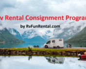 RV consignment promo with picture of RV and water